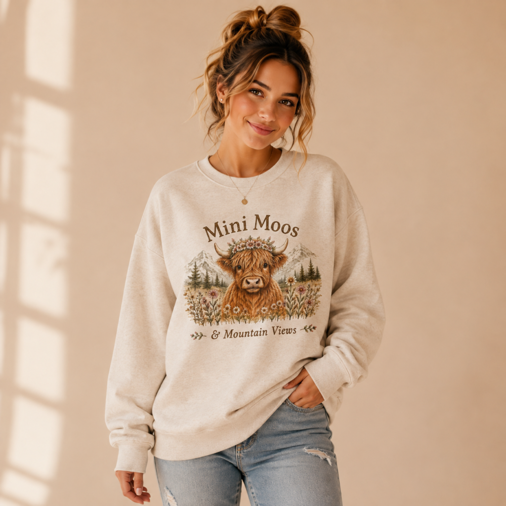 Woman wearing the Mini Moos & Mountain Views Crewneck Sweatshirt featuring a Highland cow, wildflowers, and mountain scenery.