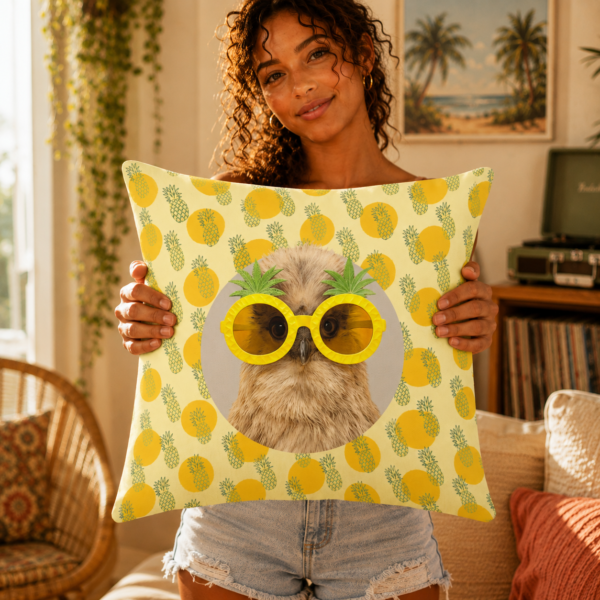 Woman holding the Sunny Silkie Accent Pillow featuring a fluffy Silkie chicken in yellow pineapple sunglasses and a playful pineapple print.