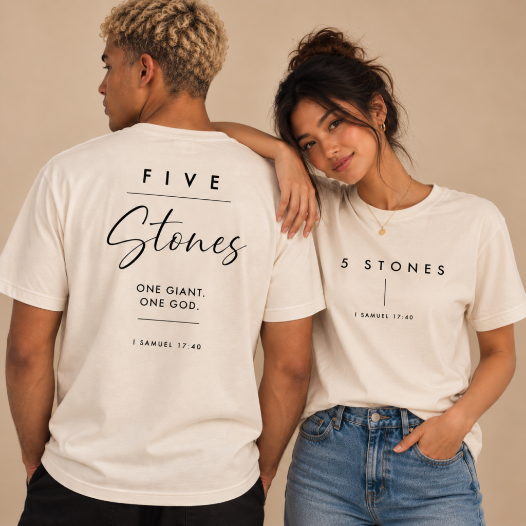 Male and female models wearing the Vintage White 5 STONES T-shirt