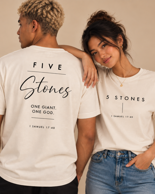 Male and female models wearing the Vintage White 5 STONES T-shirt