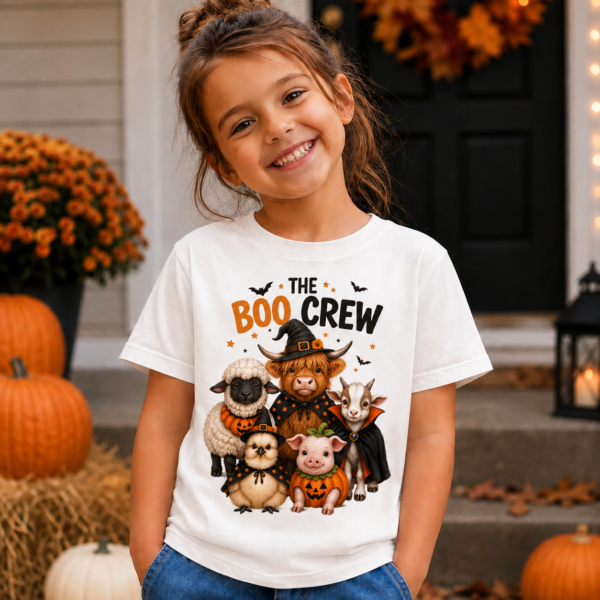 Smiling girl wearing The Boo Crew Toddler Tee with Halloween farm animal design