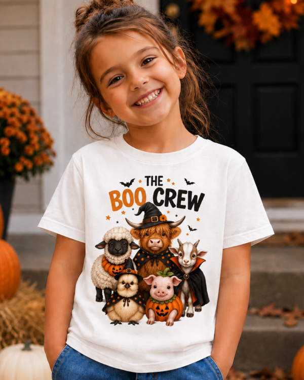 Smiling girl wearing The Boo Crew Toddler Tee with Halloween farm animal design