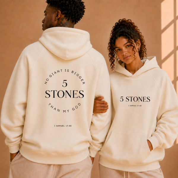 Male and female models wearing cream 5 STONES heavyweight hoodies with front and back faith-based graphics.
