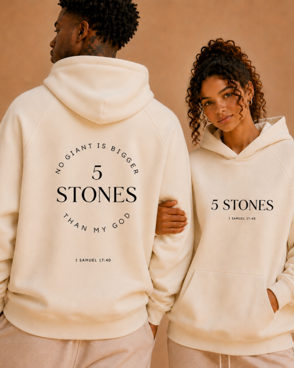 Male and female models wearing cream 5 STONES heavyweight hoodies with front and back faith-based graphics.