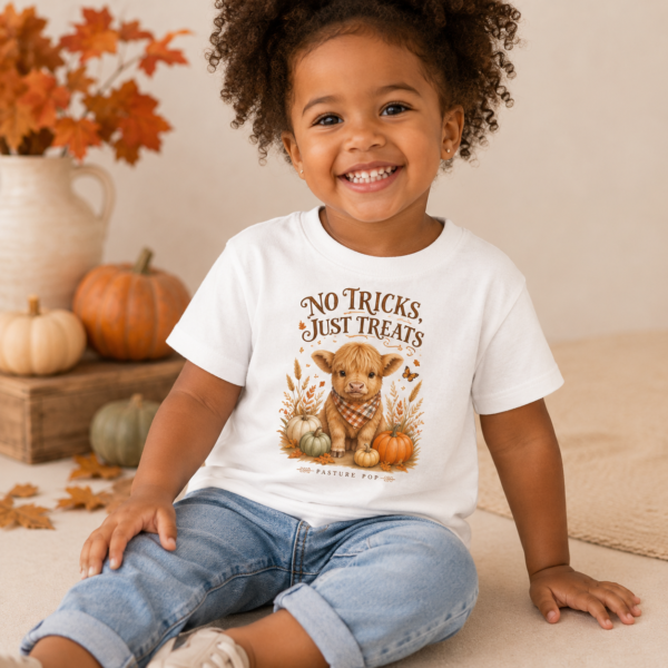 Smiling toddler wearing the No Tricks, Just Treats Tee with Highland cow and pumpkin design