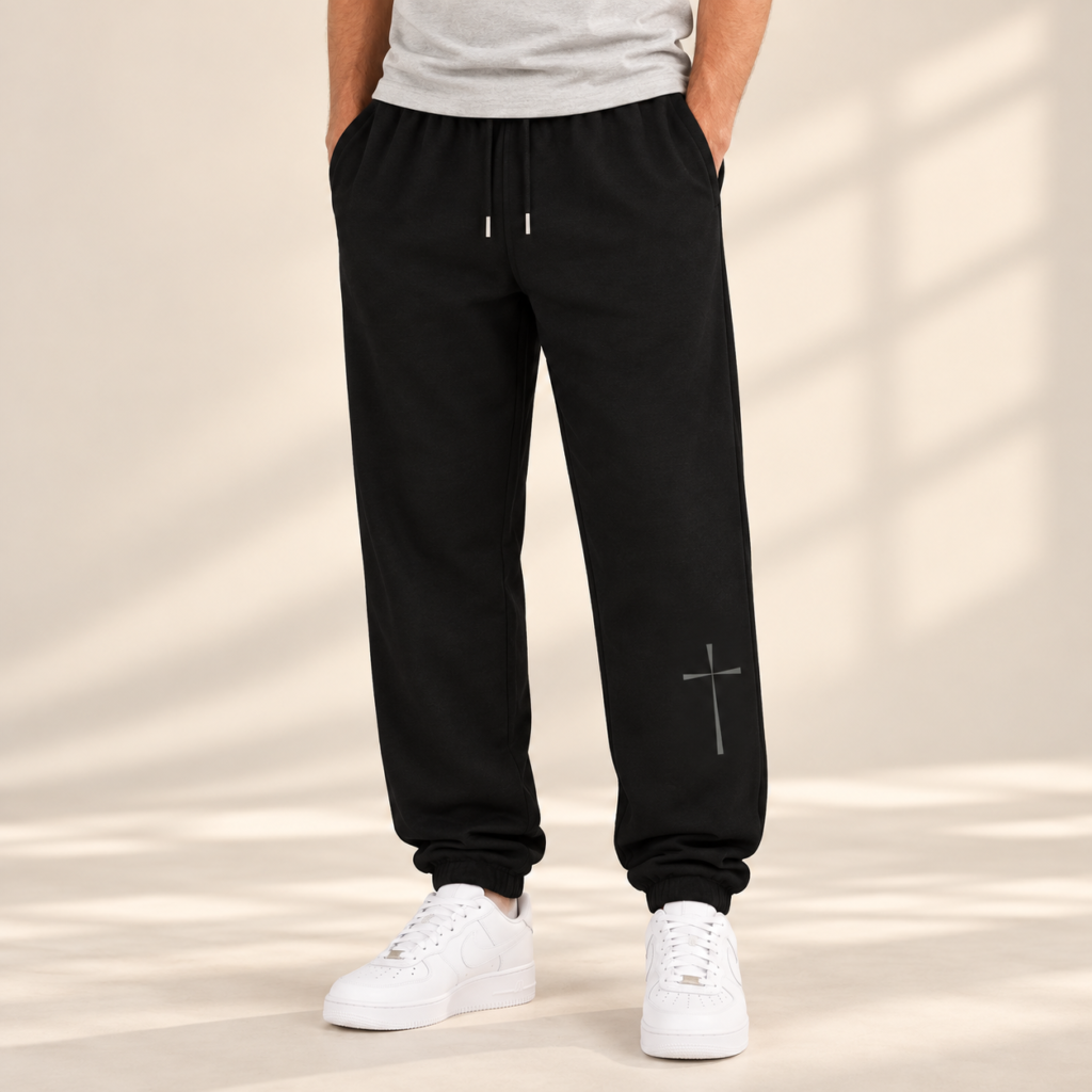 Black UNMUTED Cross Urban Sweatpants on male model with subtle gray cross design on lower leg
