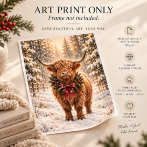 Festive Highland Cow Christmas art print shown unframed on museum-quality matte paper with available sizes and print details.