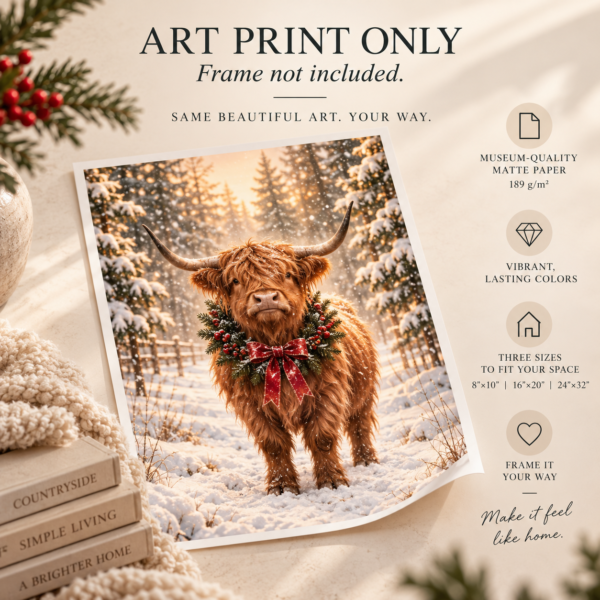 Festive Highland Cow Christmas art print shown unframed on museum-quality matte paper with available sizes and print details.