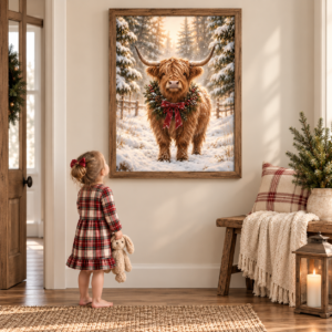 Toddler looking up at a 24×32 Festive Highland Cow Christmas art print styled in a rustic wood frame.