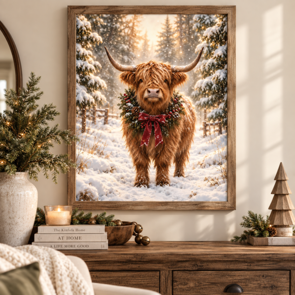 Festive Highland cow Christmas art print styled in a rustic wood frame above a warm holiday console.