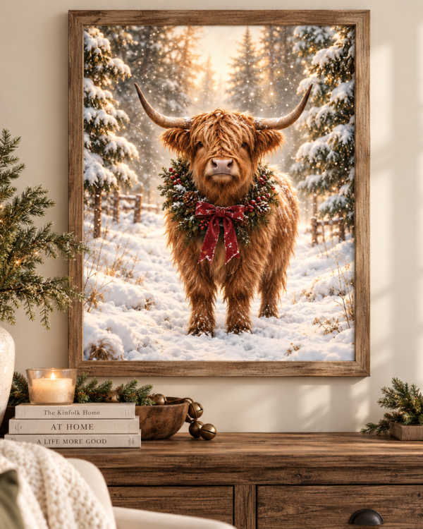 Festive Highland cow Christmas art print styled in a rustic wood frame above a warm holiday console.