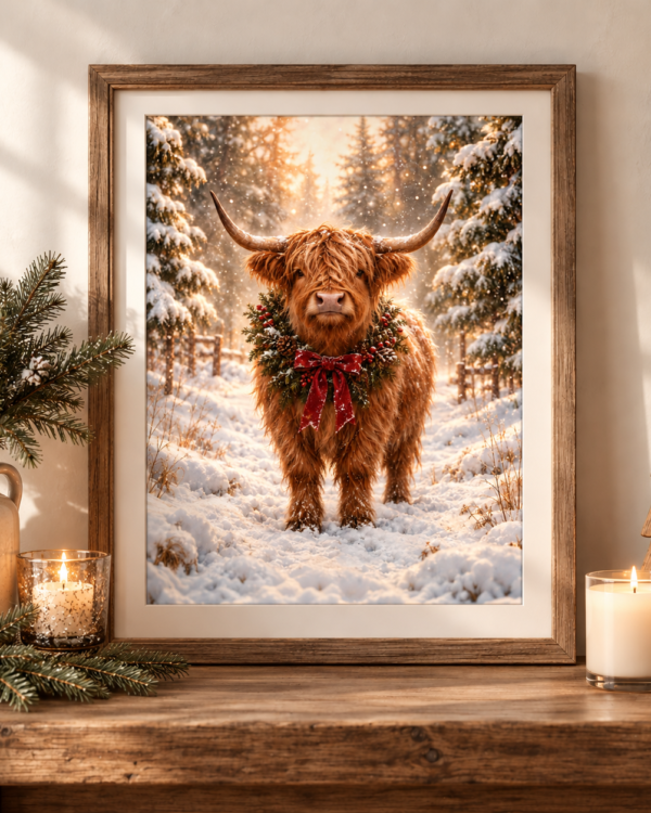 Festive Highland Cow Christmas Art Print