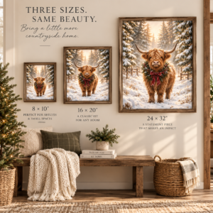 Festive Highland Cow Christmas art print size comparison showing 8×10, 16×20, and 24×32 sizes.
