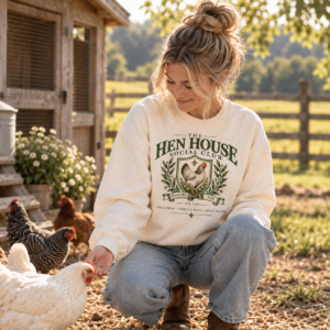 Woman wearing The Hen House Social Club cream crewneck while feeding chickens beside a coop