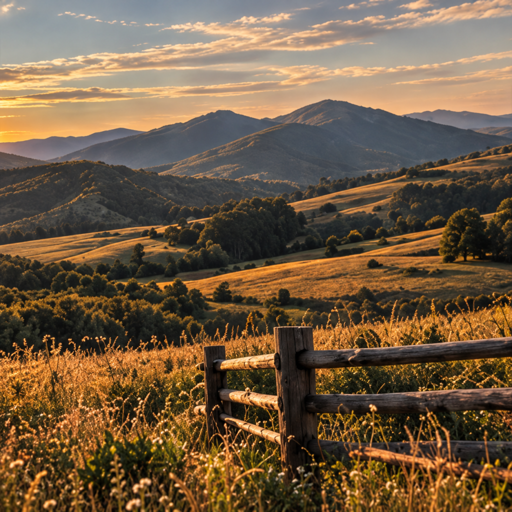 Golden mountain landscape with rolling fields and a rustic wooden fence at sunset.