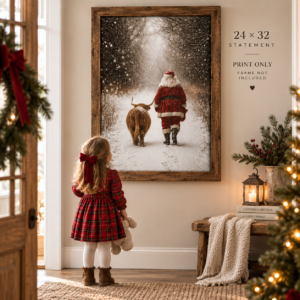 24x32 Santa and Highland cow Christmas art print displayed in a rustic wood frame with a toddler looking up at the artwork.