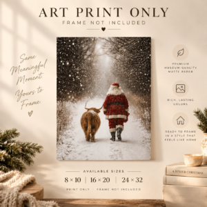 Santa & Highland Cow Christmas Art Print – Frame Not Included