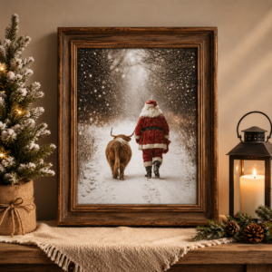 Santa and Highland cow Christmas art print displayed in a chunky rustic wood frame with cozy farmhouse holiday decor.