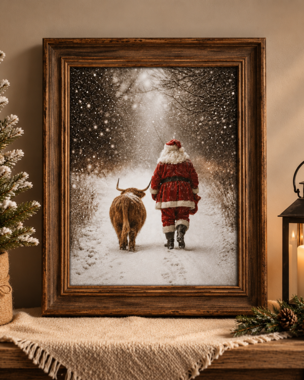 Santa and Highland cow Christmas art print displayed in a chunky rustic wood frame with cozy farmhouse holiday decor.
