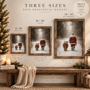 Santa and Highland cow Christmas art print shown in 8x10, 16x20, and 24x32 sizes with rustic wood frames for size comparison.