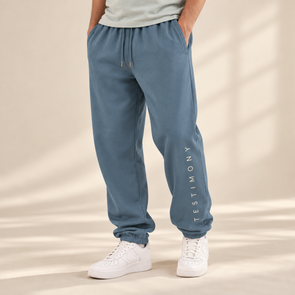 TESTIMONY Urban Sweatpants – Pebble Blue Front Detail