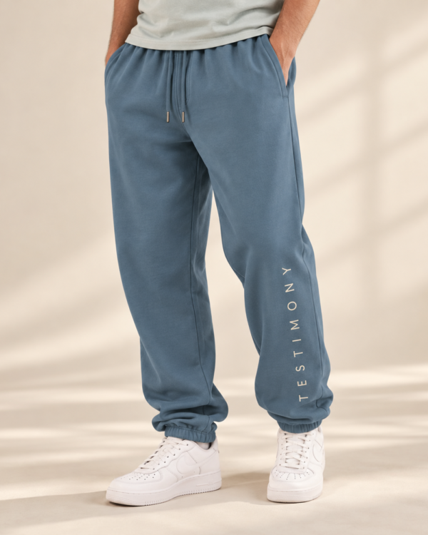 TESTIMONY Urban Sweatpants – Pebble Blue Front Detail