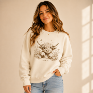 Woman wearing The Floral Highland Crewneck featuring a Highland cow surrounded by wildflowers and butterflies