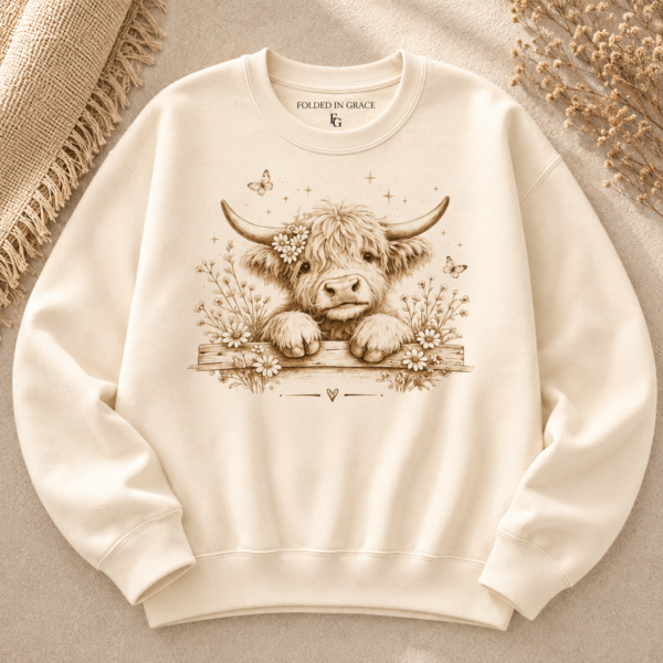 The Floral Highland Crewneck in Sandshell featuring a Highland cow with wildflowers and butterflies