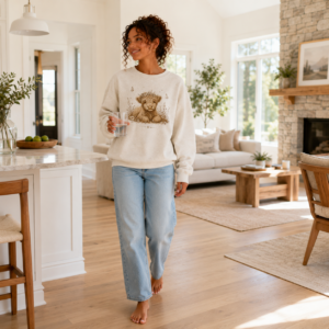 Model wearing The Meadow Coo Crewneck with Highland calf and wildflower design in a bright, airy home