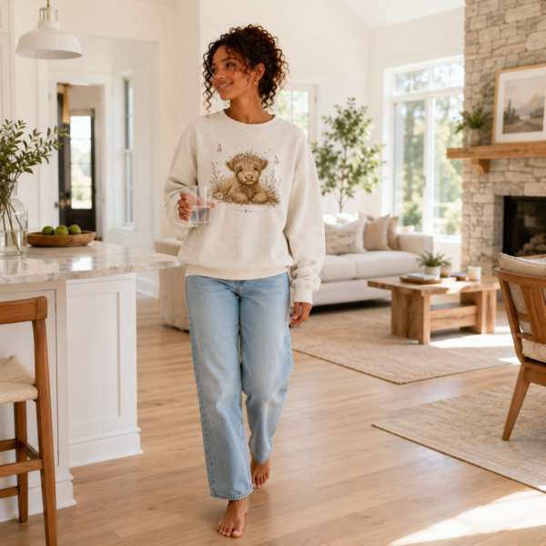 Model wearing The Meadow Coo Crewneck with Highland calf and wildflower design in a bright, airy home