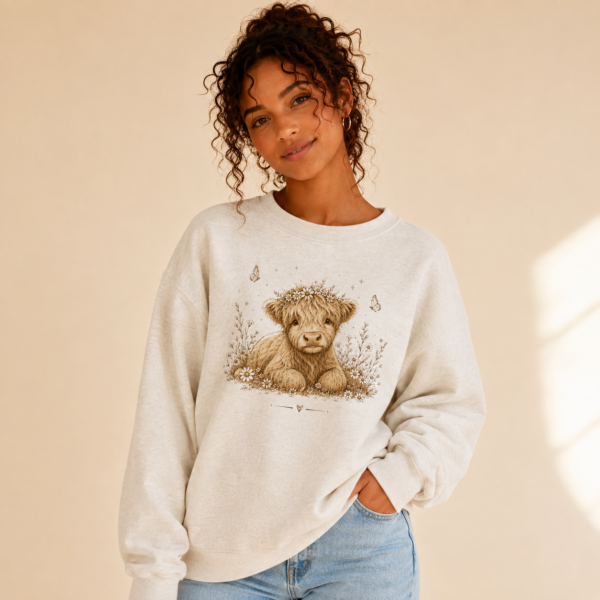 Teen model wearing The Meadow Coo Crewneck featuring a Highland calf with wildflowers and butterflies
