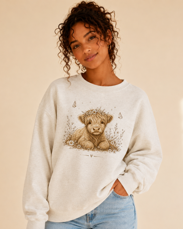 Teen model wearing The Meadow Coo Crewneck featuring a Highland calf with wildflowers and butterflies