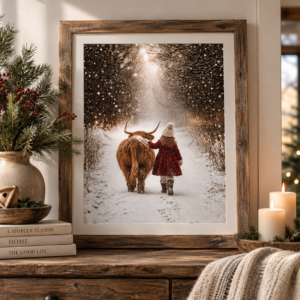 Together We Wander Highland Cow art print displayed in a chunky rustic wood frame with cozy winter holiday styling