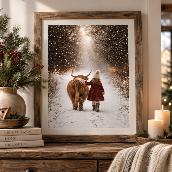 Together We Wander Highland Cow art print displayed in a chunky rustic wood frame with cozy winter holiday styling