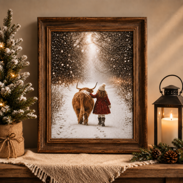 Together We Wander Highland Cow art print displayed in a chunky rustic wood frame with cozy winter holiday styling