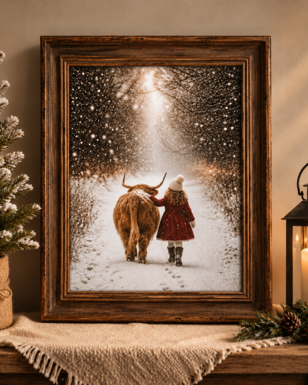 Together We Wander Highland Cow art print displayed in a chunky rustic wood frame with cozy winter holiday styling