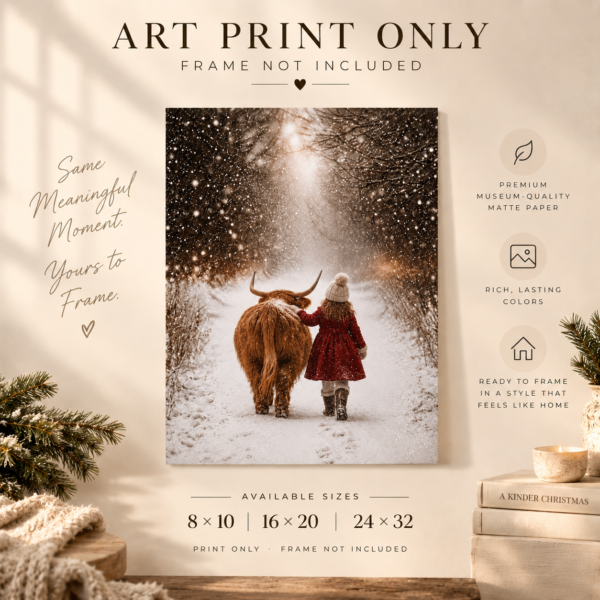 Together We Wander Highland cow art print featuring a little girl and Highland cow walking together through a snowy woodland, shown as an unframed print.