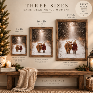 Together We Wander Highland Cow art print shown in 8x10, 16x20, and 24x32 sizes for comparison