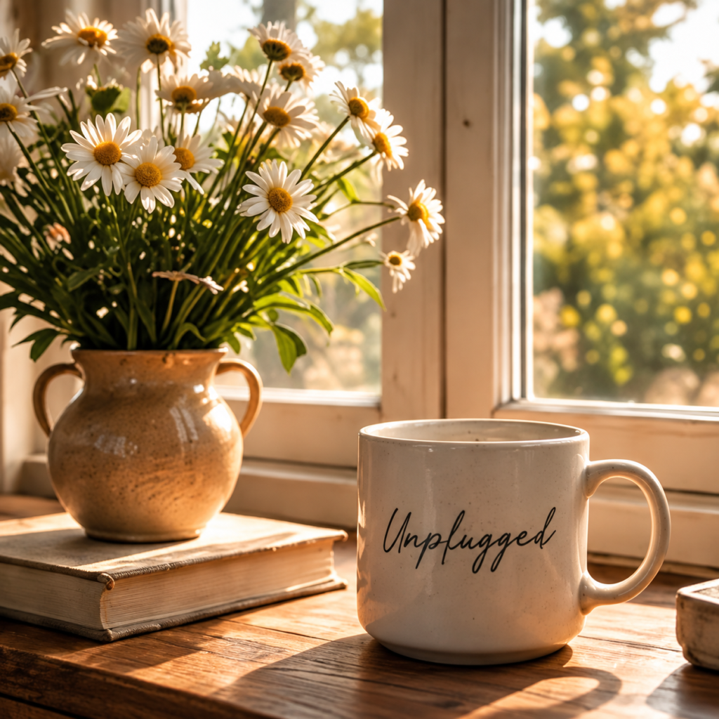 UNPLUGGED mug beside white daisies in a sunlit window.